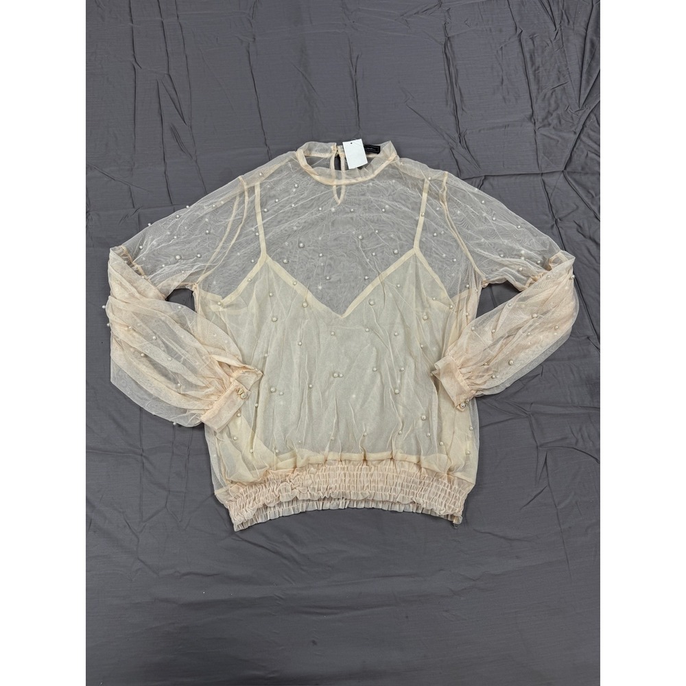 Touch Me It's Fashion Pearl Mesh Mock Neck Top NWT Beige Plus Size 3X Blouse